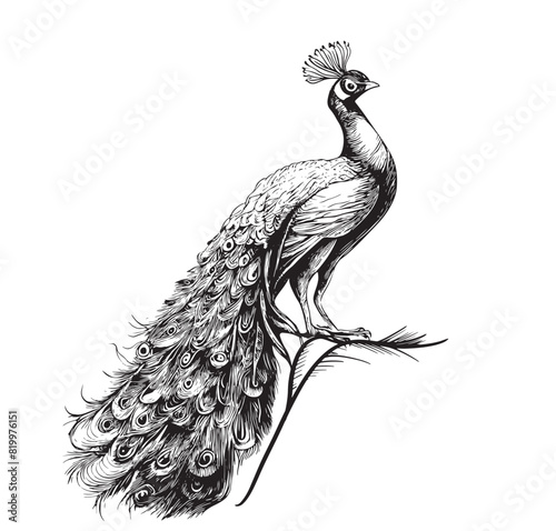 Hand Drawn Engraving Pen and Ink Peacock