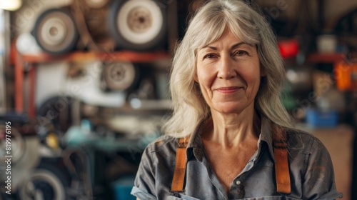 A smiling woman with gray hair wearing a blue shirt with suspenders standing in a workshop with shelves of tires and tools in the background.