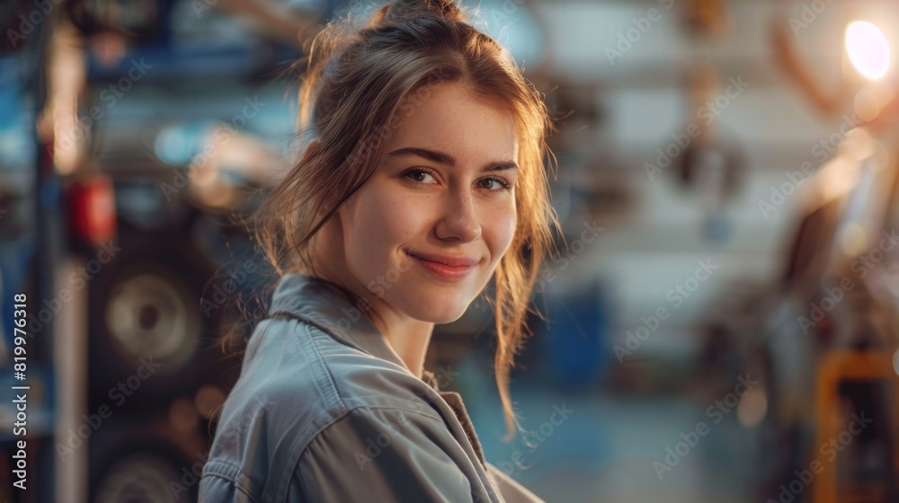 Young woman with a radiant smile looking over her shoulder wearing a light blue jacket set against a blurred industrial background. Young woman with a radiant smile looking over her shoulder wearing a light blue jacket set against a blurred industrial background.
