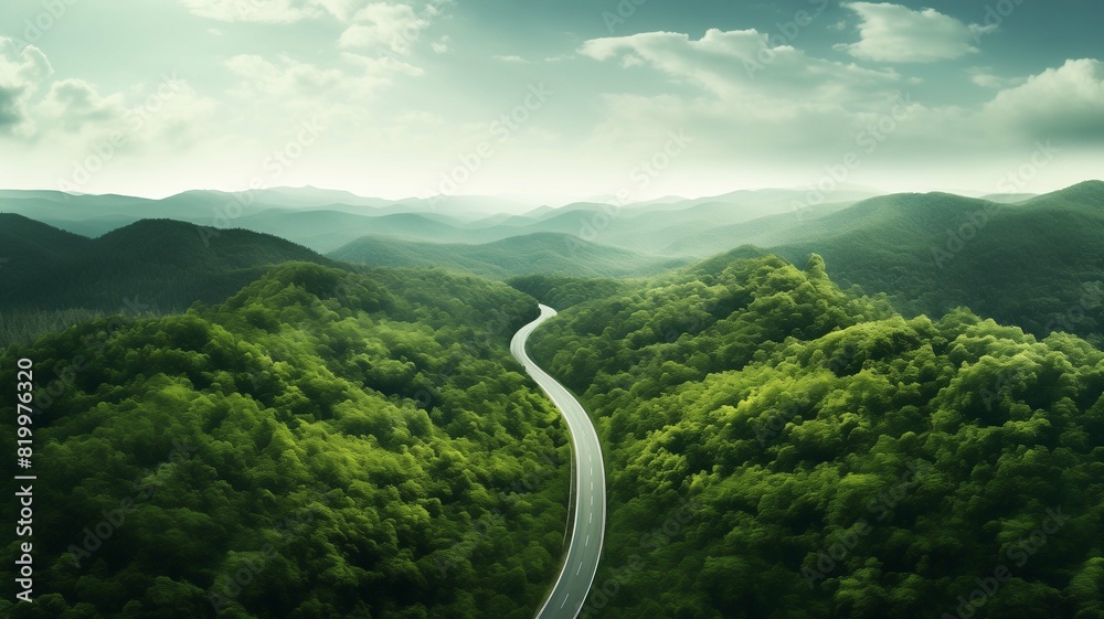 a snapshot from above, depicting an asphalt road that winds gracefully through a dense, vibrant forest a snapshot from above, depicting an asphalt road that winds gracefully through a dense, vibrant forest