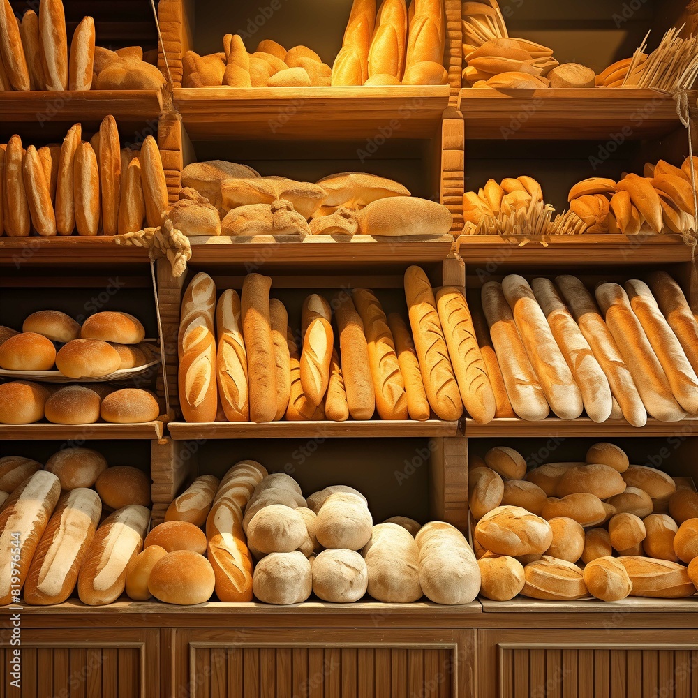 array of breads and pastries on a wooden shelf, featuring golden loaves, crusty baguettes, and soft buns, with wheat stalks and flour adding a rustic touch to the bakery scene array of breads and pastries on a wooden shelf, featuring golden loaves, crusty baguettes, and soft buns, with wheat stalks and flour adding a rustic touch to the bakery scene