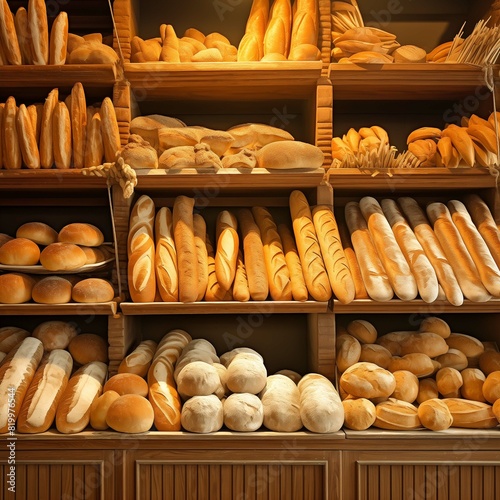 array of breads and pastries on a wooden shelf, featuring golden loaves, crusty baguettes, and soft buns, with wheat stalks and flour adding a rustic touch to the bakery scene