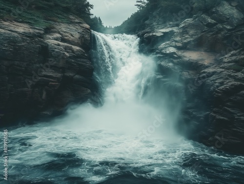 A waterfall is flowing into a body of water. The water is calm and clear  and the mist from the waterfall creates a serene atmosphere