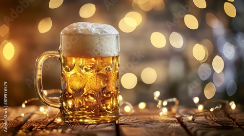 A closeup of a frothy beer mug filled with golden beer