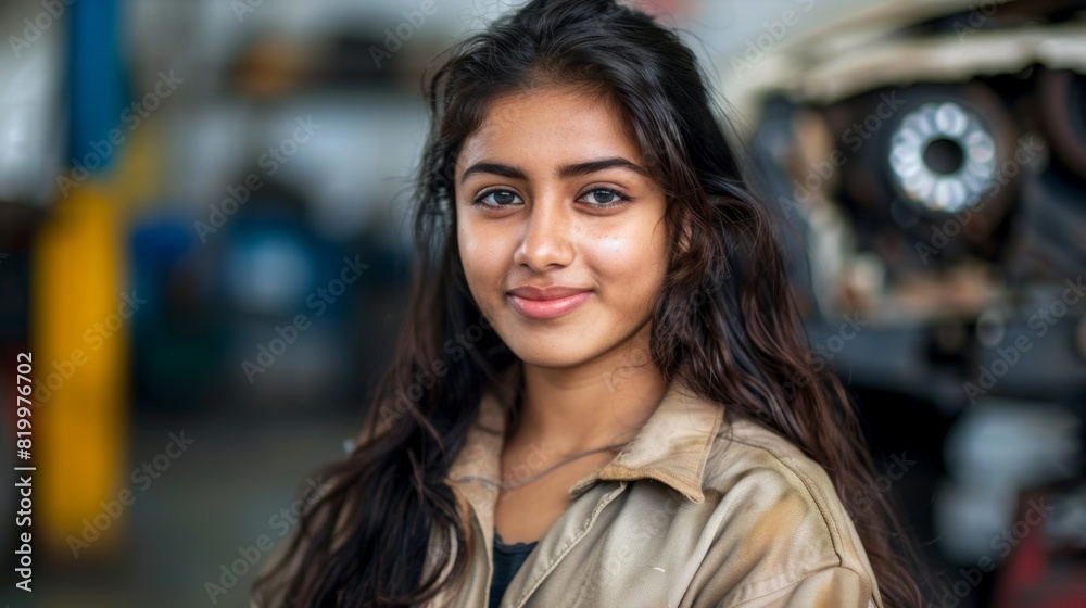 Young woman with long dark hair smiling wearing a beige jacket standing in a workshop with blurred background of machinery. Young woman with long dark hair smiling wearing a beige jacket standing in a workshop with blurred background of machinery.