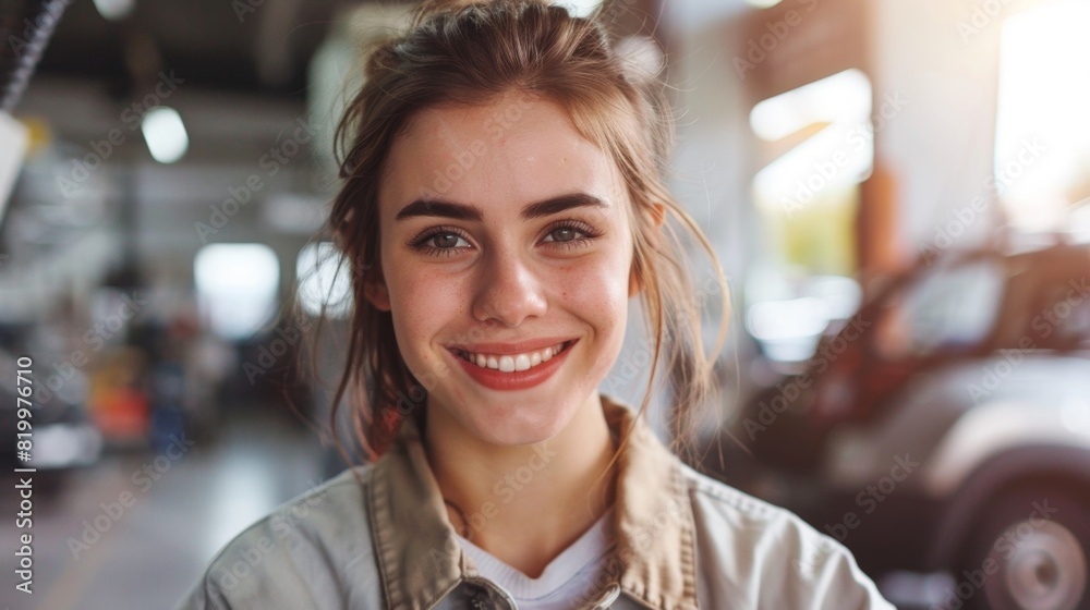 A young woman with a radiant smile standing in a garage with a blurred car in the background exuding a sense of joy and confidence. A young woman with a radiant smile standing in a garage with a blurred car in the background exuding a sense of joy and confidence.