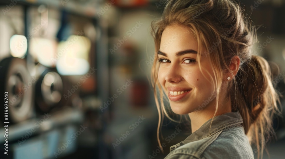 Young woman with a radiant smile her hair elegantly styled in a bun set against a blurred background of a workshop or garage exuding a sense of warmth and positivity. Young woman with a radiant smile her hair elegantly styled in a bun set against a blurred background of a workshop or garage exuding a sense of warmth and positivity.