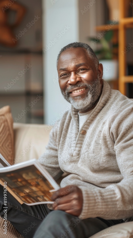 Smiling man with gray beard wearing a cozy gray sweater comfortably seated on a couch holding a photo album in a warmly lit room with a wooden bookshelf and a potted plant in the background. Smiling man with gray beard wearing a cozy gray sweater comfortably seated on a couch holding a photo album in a warmly lit room with a wooden bookshelf and a potted plant in the background.