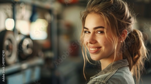 Young woman with a radiant smile her hair elegantly styled in a bun set against a blurred background of a workshop or garage exuding a sense of warmth and positivity. © iuricazac