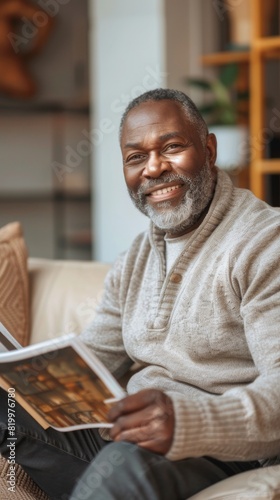 Smiling man with gray beard wearing a cozy gray sweater comfortably seated on a couch holding a photo album in a warmly lit room with a wooden bookshelf and a potted plant in the background.