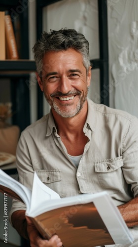 Smiling man with gray hair and beard wearing a light-colored shirt holding an open book with a photo on the cover in a cozy room with bookshelves and a window.