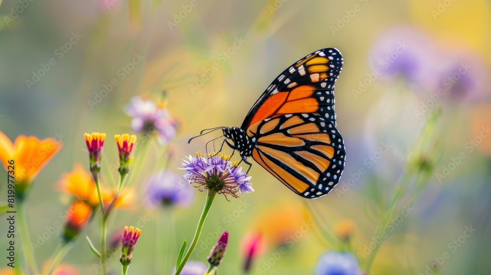 A butterfly gracefully soaring above a wildflower with a blurred background A butterfly gracefully soaring above a wildflower with a blurred background