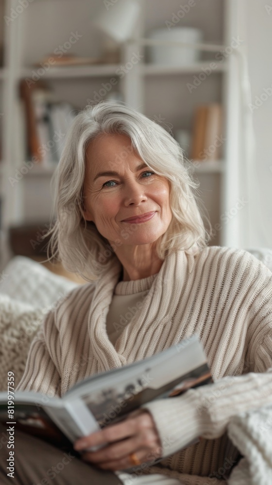 Woman with gray hair, wearing a white sweater, sitting on a bed and reading a book with a warm smile on her face. Woman with gray hair, wearing a white sweater, sitting on a bed and reading a book with a warm smile on her face.