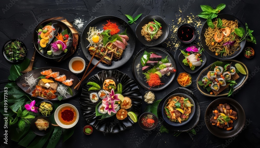 Fototapeta premium A fantastical top view of an array of Asian dishes arranged around a dark