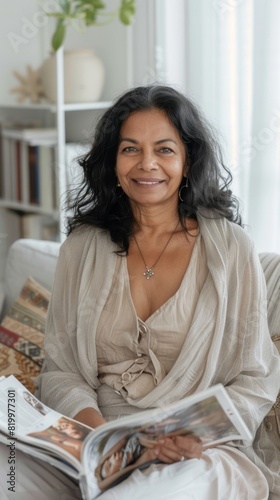 Woman with long dark hair wearing a light-colored blouse smiling and holding a magazine sitting in a cozy room with a potted plant and bookshelves in the background. Free Download Woman with long dark hair wearing a light-colored blouse smiling and holding a magazine sitting in a cozy room with a potted plant and bookshelves in the background. - GFXLoad