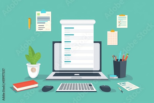 A laptop is open on a desk with a green background generated by AI