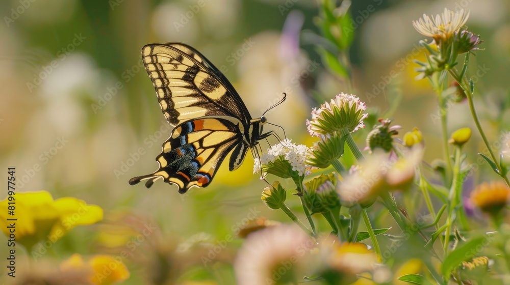 A closeup of a butterfly in flight over a wildflower on a sunny day A closeup of a butterfly in flight over a wildflower on a sunny day