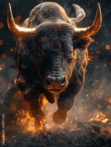Golden Bull Leaping Over Bitcoin Curve, Driving Cryptocurrency Bull Market Growth and Digital Finance Prosperity. Abstract Futuristic Financial Technology Concept.Gold Bitcoin drives bull market surge