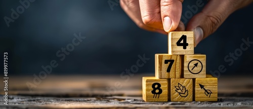 A hand placing a wooden block labeled with the number 4 on top of a stack of wooden blocks arranged in ascending order The blocks feature arrows and targets
