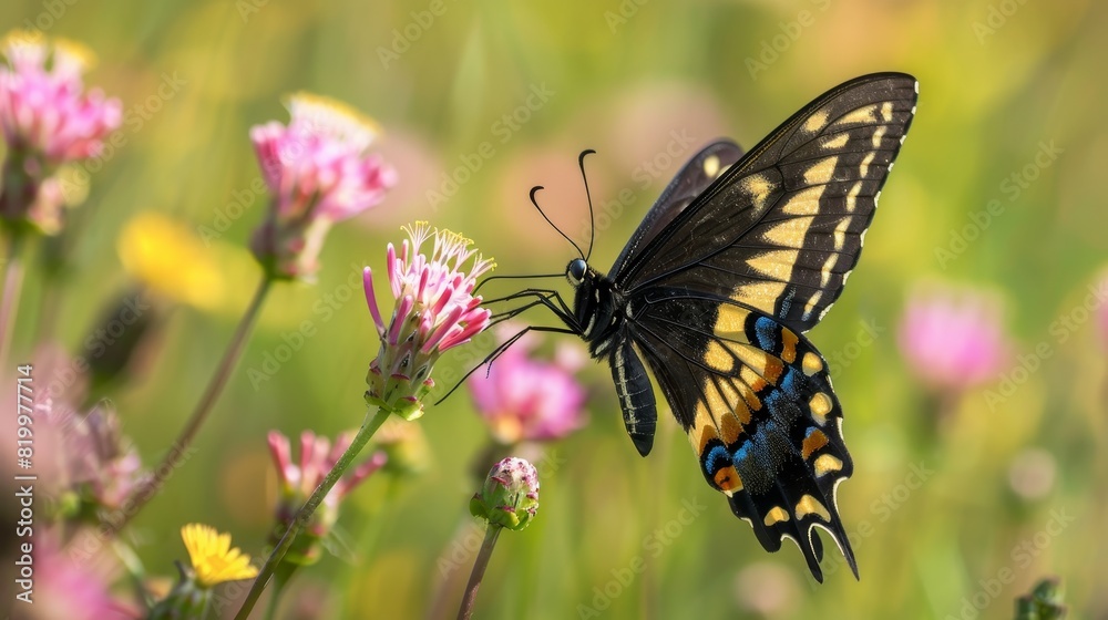 A detailed shot of a butterfly captured in flight over a blooming wildflower A detailed shot of a butterfly captured in flight over a blooming wildflower