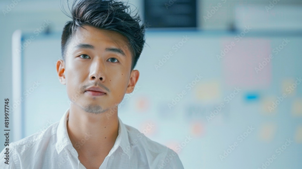 Young man with short hair and a beard wearing a white shirt looking slightly to the side with a thoughtful expression standing in front of a whiteboard with colorful sticky notes. Young man with short hair and a beard wearing a white shirt looking slightly to the side with a thoughtful expression standing in front of a whiteboard with colorful sticky notes.