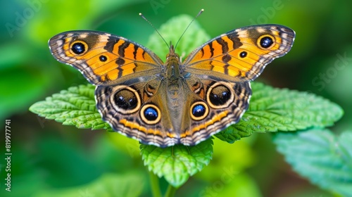 A macro shot of a butterfly on a green plant showing detailed patterns