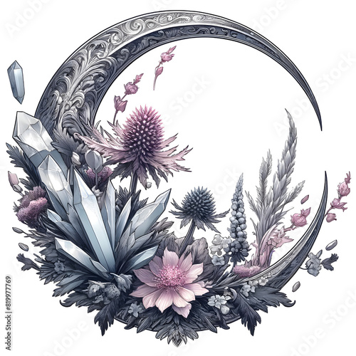 Dieses kunstvolle Design zeigt eine filigrane Mondsichel in Silber, umgeben von Kristallen und zarten Blüten in zarten Rosa- und Blautönen. Perfekt für magische, mystische und naturverbundene Motive photo