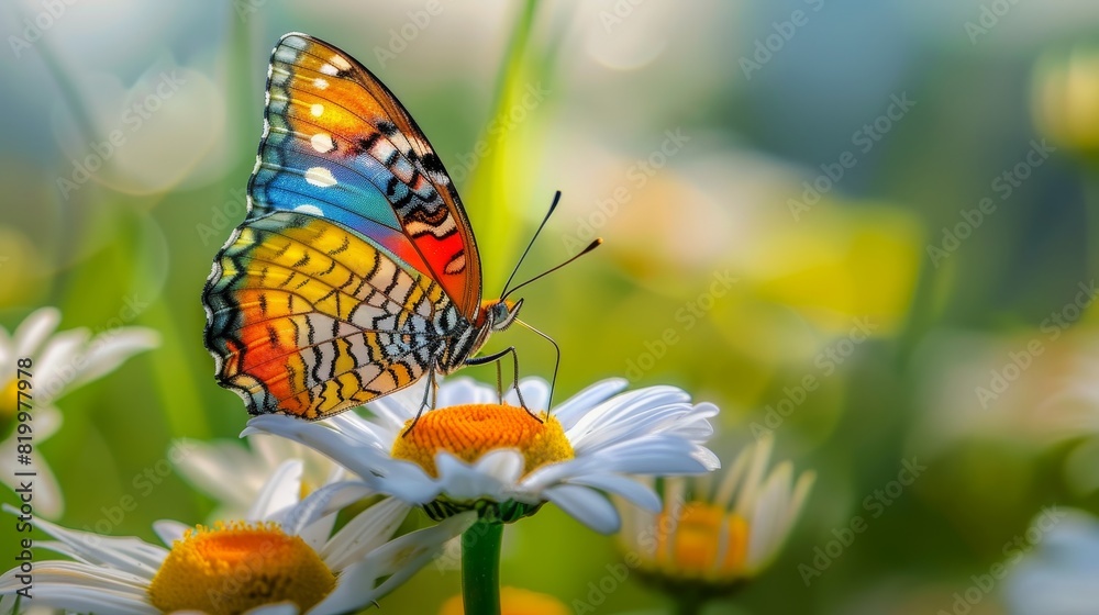 A butterfly with colorful wings resting on a plant in the garden A butterfly with colorful wings resting on a plant in the garden