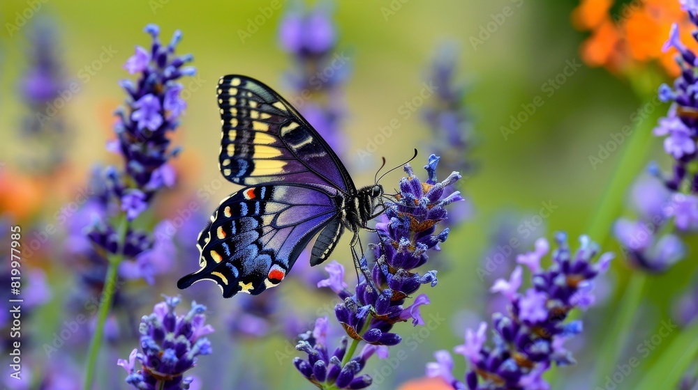 A butterfly with vivid colors perched on a lavender flower A butterfly with vivid colors perched on a lavender flower