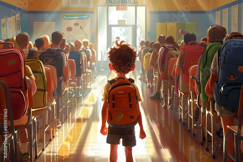 A young boy standing in front of a room filled with backpacks