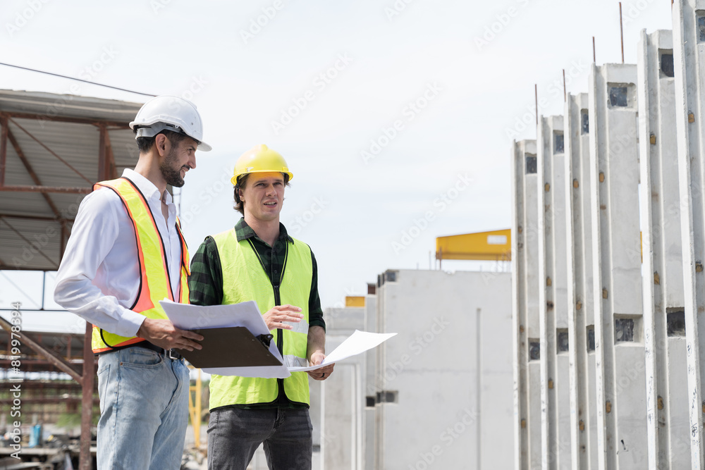 Team of male engineer construction working and inspecting structure of building at construction site. Two male construction builder working at construction site Team of male engineer construction working and inspecting structure of building at construction site. Two male construction builder working at construction site