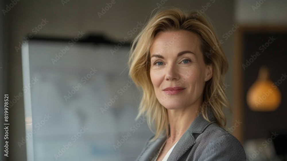 © iuricazac - A poised blonde woman in a professional setting smiling with a hint of confidence. © iuricazac - A poised blonde woman in a professional setting smiling with a hint of confidence.