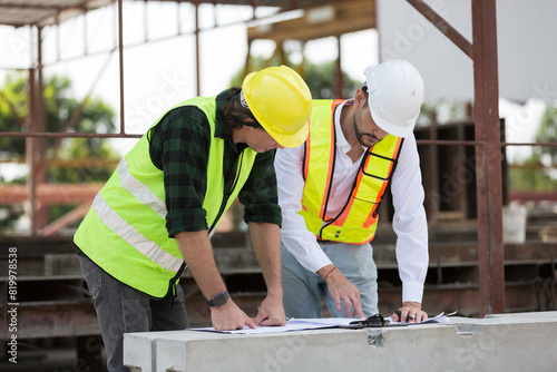 Fotografija Team of male engineer construction working and inspecting structure of building at construction site