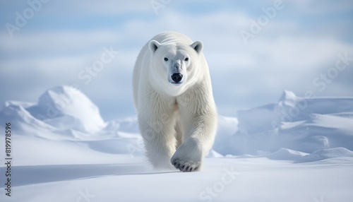 Polar bears walks in extreme winter weather, standing above snow with a view of the frost mountains © Virgo Studio Maple