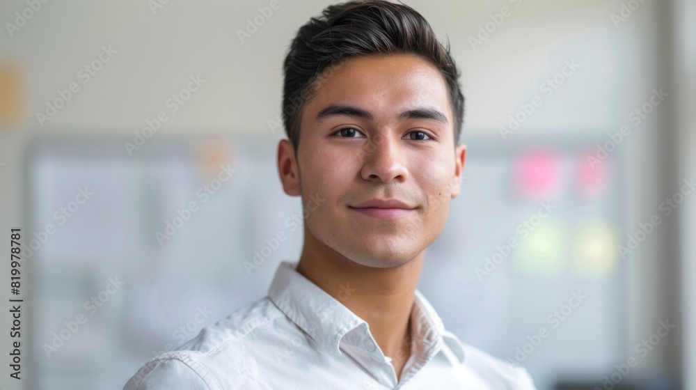 Young man with dark hair and a slight smile wearing a white collared shirt standing in front of a whiteboard with colorful notes. Young man with dark hair and a slight smile wearing a white collared shirt standing in front of a whiteboard with colorful notes.