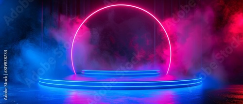 Circular stage outlined with neon lights, with a smoky and misty blue and red gradient background, creating a vibrant ambiance photo