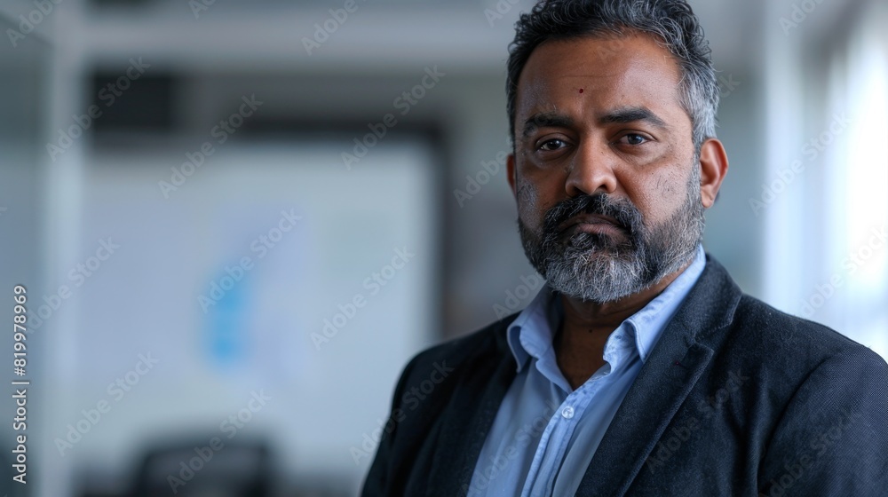 Naklejka premium A man with a beard and mustache wearing a blue shirt and a dark jacket standing in an office with a window in the background.