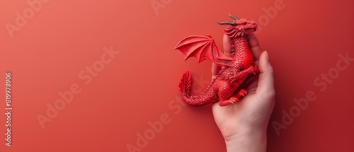 A human hand holding a dragon figurine against a solid color backdrop with copy space photo