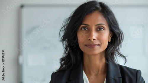 A poised woman with dark hair wearing a black blazer standing in front of a whiteboard with a slight smile.