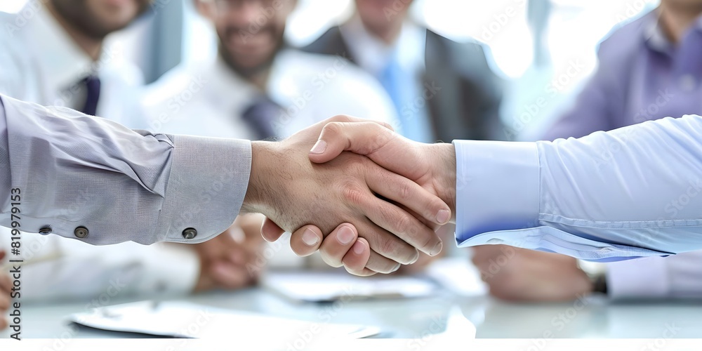 Men shaking hands in business meeting for partnership merger or joint venture. Concept Business Meeting, Partnership Merger, Joint Venture, Men Shaking Hands