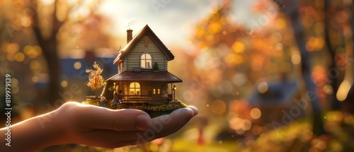 A human hand holding a house in a cozy neighborhood with trees and children playing, evoking a sense of home with a blurred backdrop