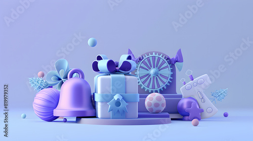 3D icon of futuristic web UI elements, cartoon style icons for inflated effect with a white background and purple-blue color palette, featuring a large bell on the left side, an intricate gift box