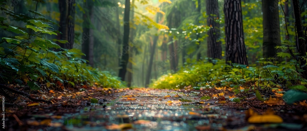 Lush forest path, wet with scattered yellow leaves, surrounded by green foliage and tall trees, glistening leaves, softly blurred background enhancing calm