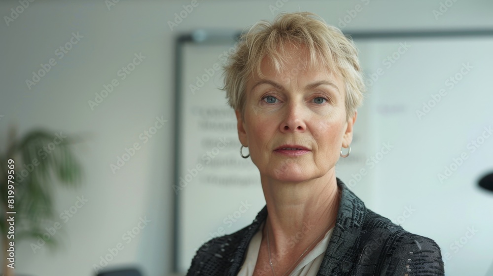 A woman with short blonde hair wearing a dark jacket looking slightly to her right with a serious expression. A woman with short blonde hair wearing a dark jacket looking slightly to her right with a serious expression.