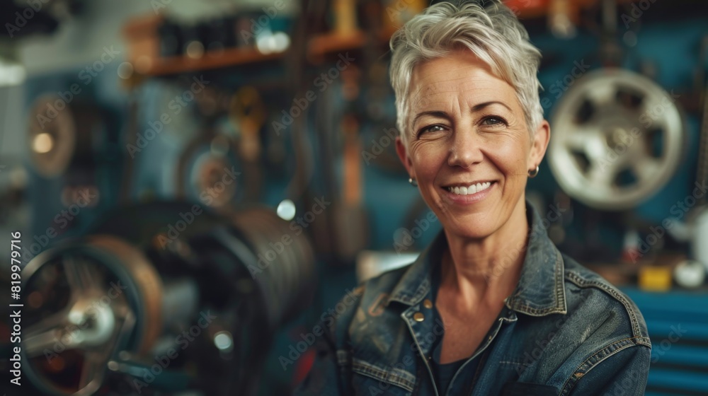 Smiling woman with short gray hair wearing a denim jacket standing in a workshop with various tools and equipment in the background.