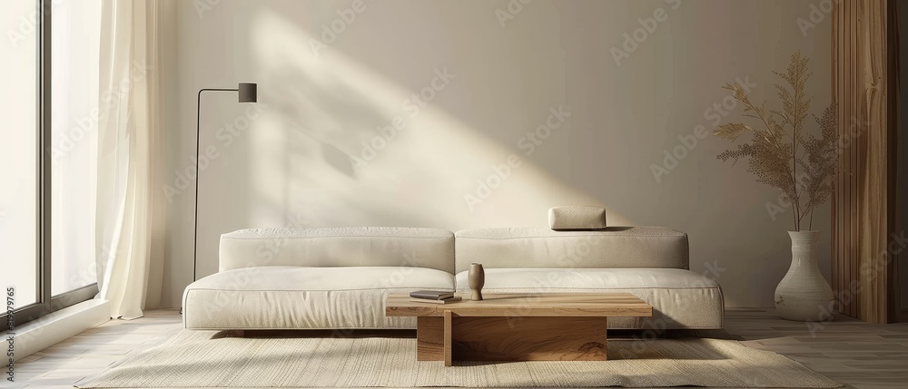 Minimalist living room with a grey sofa, a wooden coffee table, and a single floor lamp, clean lines and neutral colors, open and uncluttered