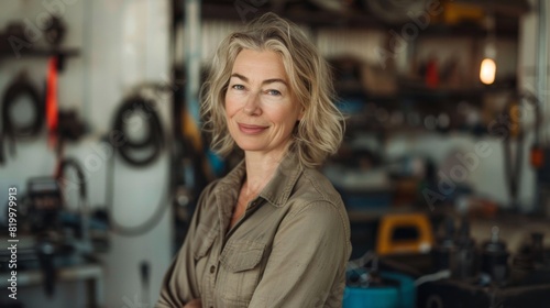 A woman with short blonde hair wearing a beige shirt standing in a workshop with various tools and equipment in the background smiling at the camera. photo