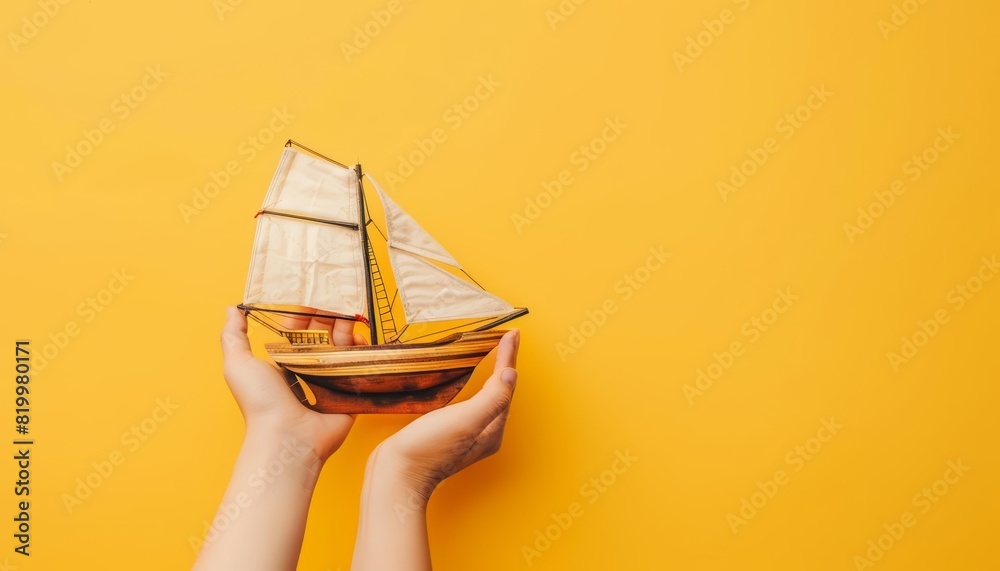 A human hand holding a ship against a solid color backdrop with copy space A human hand holding a ship against a solid color backdrop with copy space