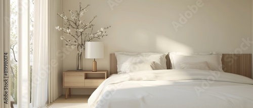 Minimalist bedroom with a white bed, wooden nightstand, and simple decor