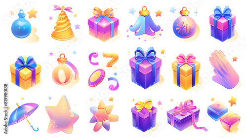 3D icon set of Illustration and win quietly, huge presence in the air with blue purple gold gradients and big left hand holding out a massive golden bell and gift box with yellow stars around